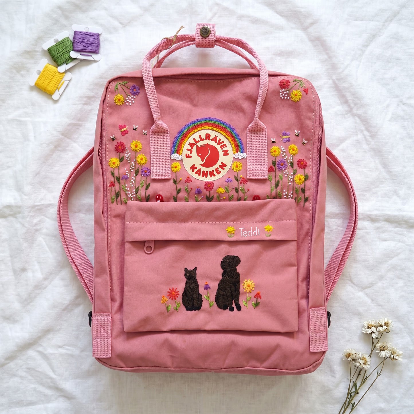 Personalized Fjallraven Kanken Pet Backpack | Custom Cat & Dog Embroidered Kanken Bag |Rainbow Wildflower Backpack | Custom Pet Portrait Bag