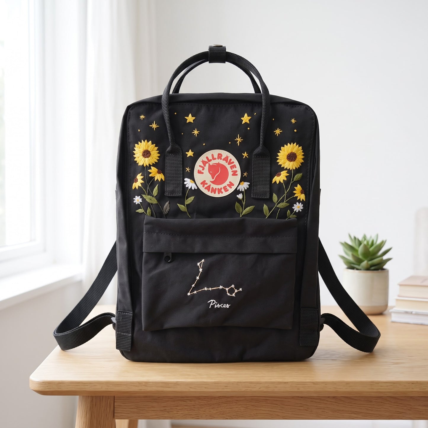 Fjallraven Kanken Backpack Embroidered Sunflower & Pisces Constellation | Personalized Zodiac Kanken Bag | Celestial Floral Backpack