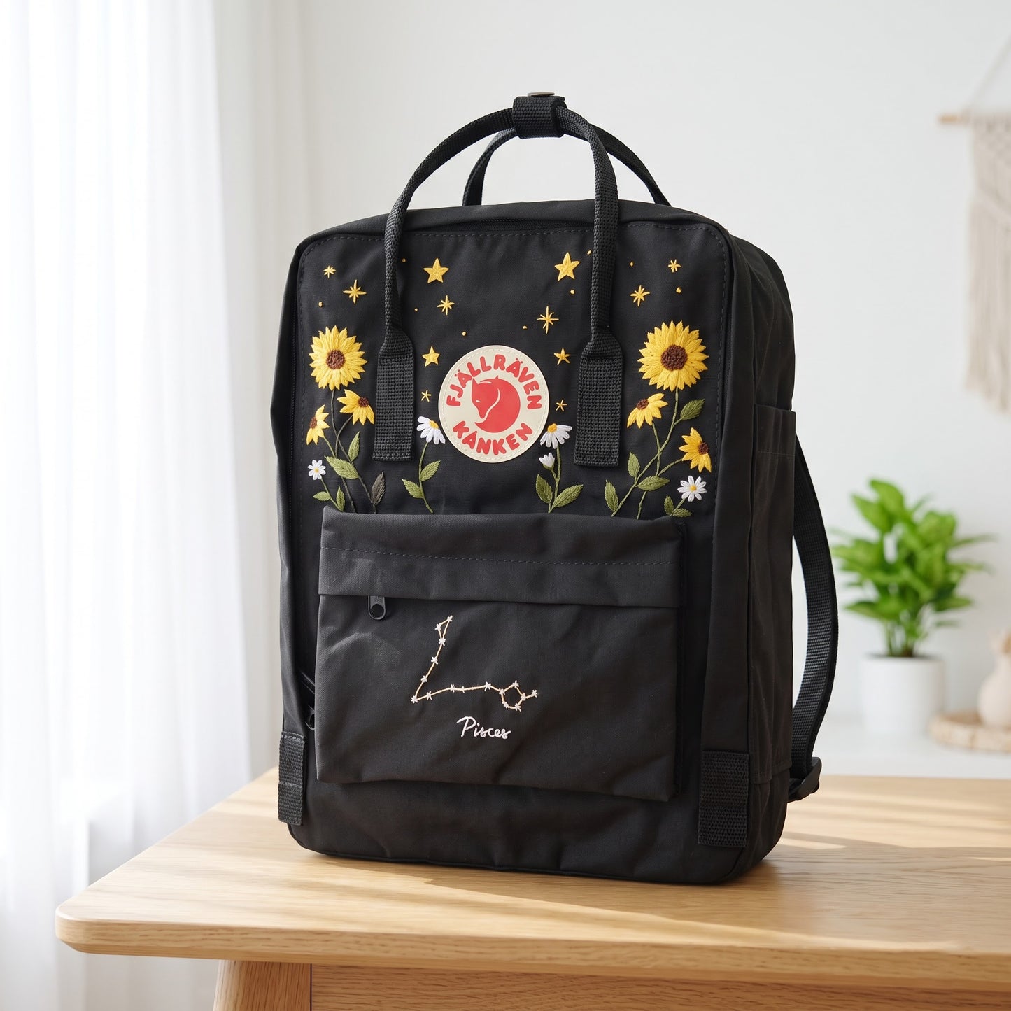 Fjallraven Kanken Backpack Embroidered Sunflower & Pisces Constellation | Personalized Zodiac Kanken Bag | Celestial Floral Backpack