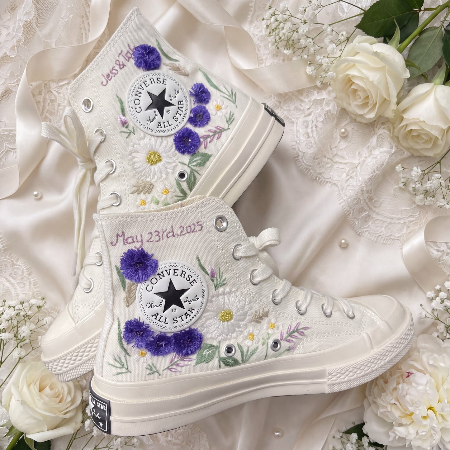 Hand Embroidered Bridal Converse Shoes | Custom Purple Wildflower Wedding Sneakers | Personalized White Converse Gift for Bride