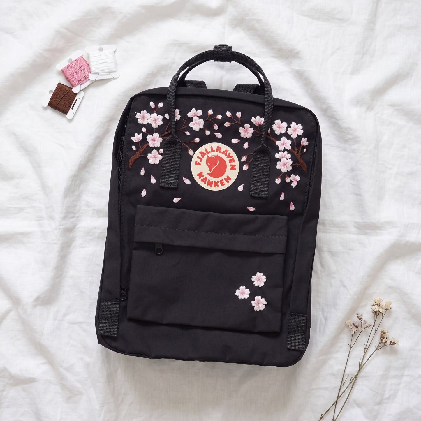 Fjallraven KaFjallraven Kanken Cherry Blossom Embroidered Backpack | Sakura Floral Hand Embroidery | Custom Name Kanken Bag | Back to School