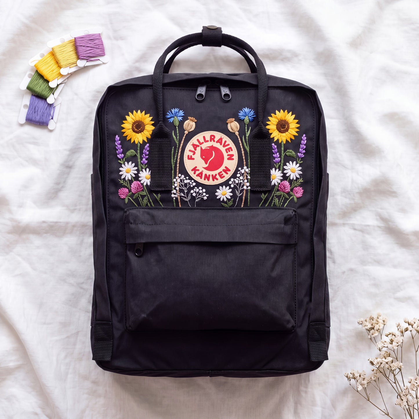 Hand Embroidered Fjallraven Kanken Backpack | Sunflower Wildflower Backpack | Daisy Floral Kanken Bag | Custom Personalized Backpack