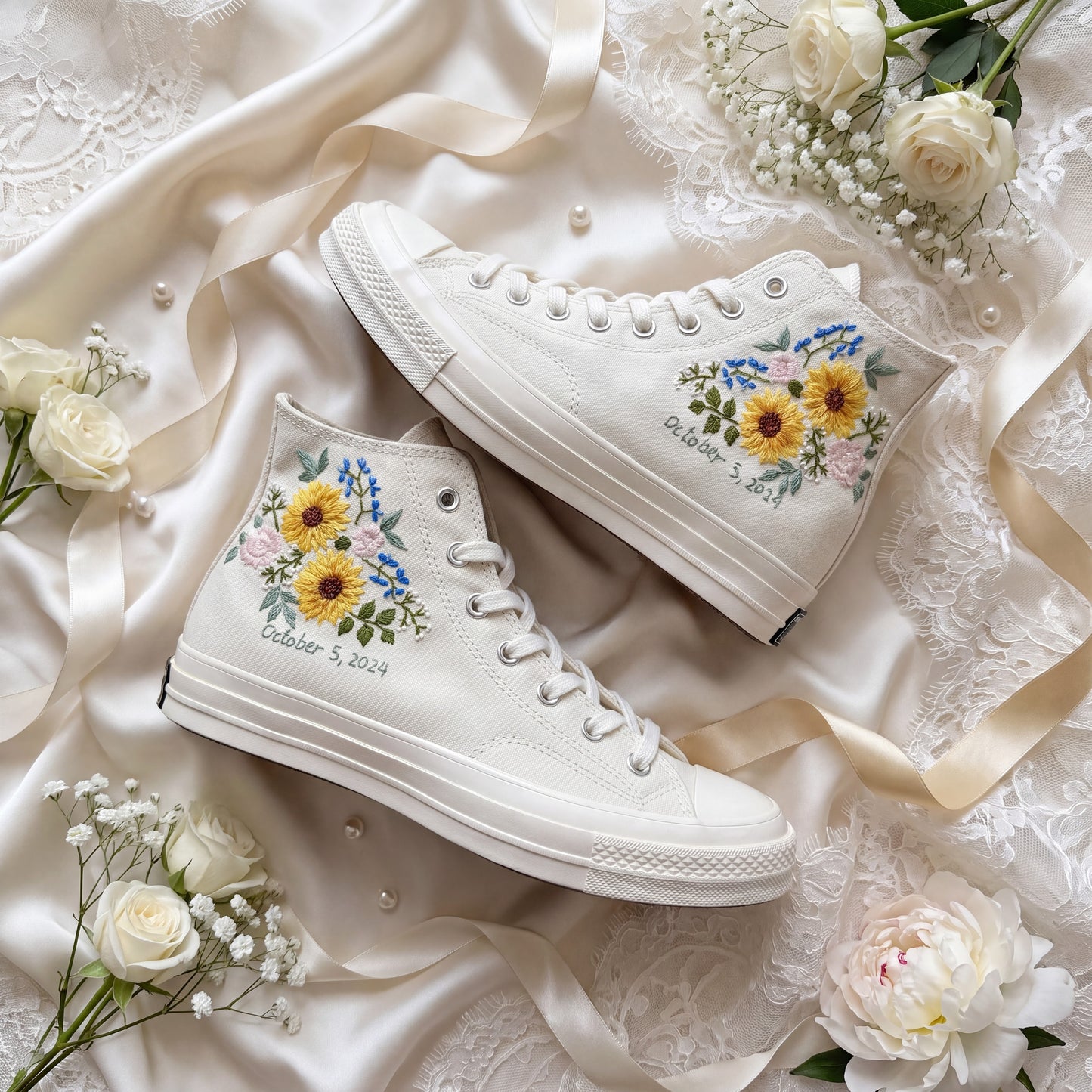 Hand Embroidered Bridal Converse Shoes | Custom Sunflower Wedding Sneakers | Personalized White Converse Gift for Bride
