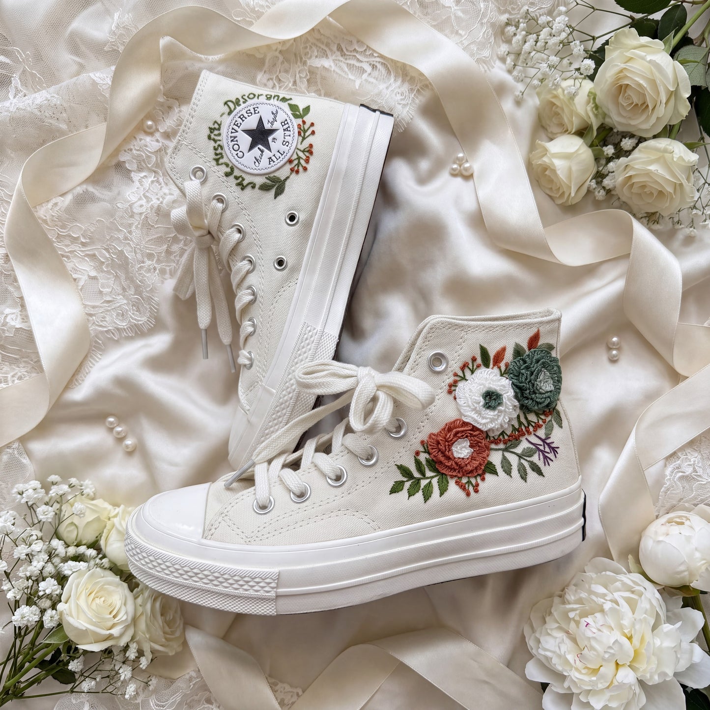 Hand Embroidered Bridal Converse Shoes | Custom Vintage Floral Wedding Sneakers | Personalized White Converse Gift for Bride