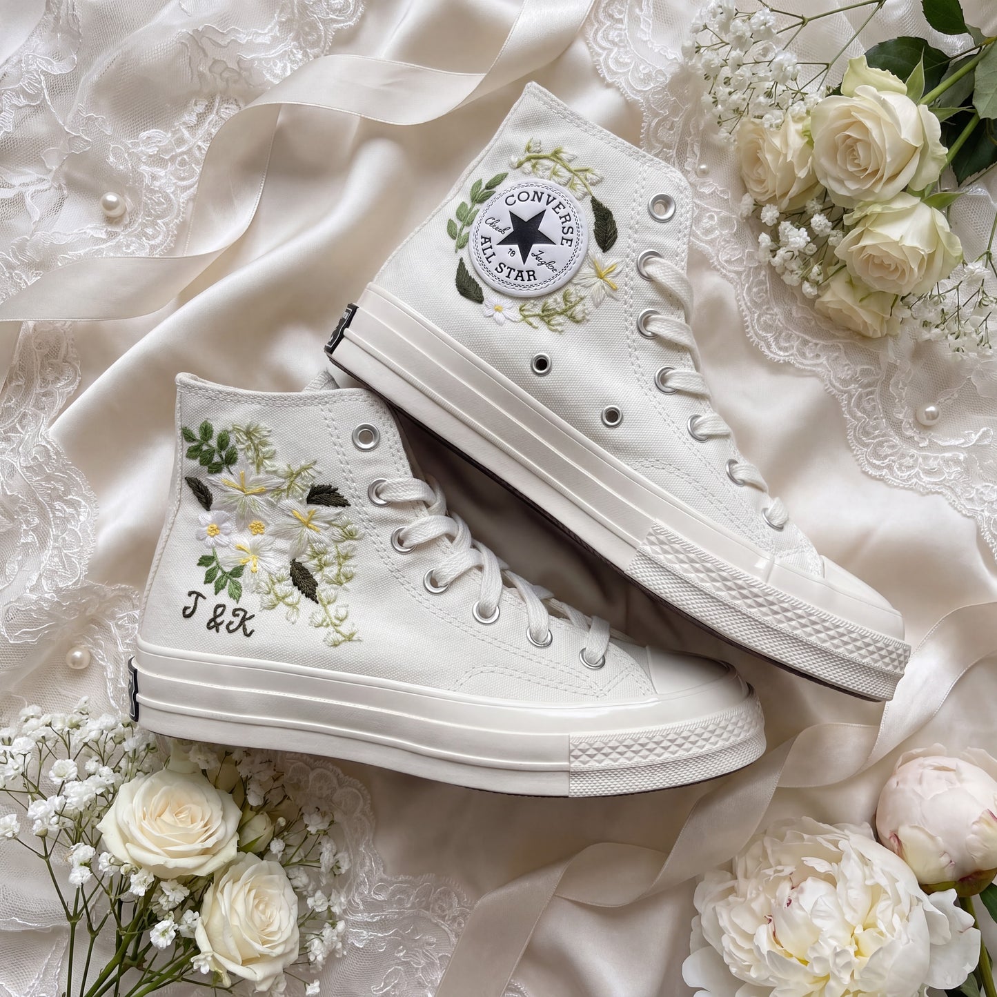 Hand Embroidered Bridal Converse Shoes | Custom White Jasmine Wedding Sneakers | Personalized White Converse Gift for Bride