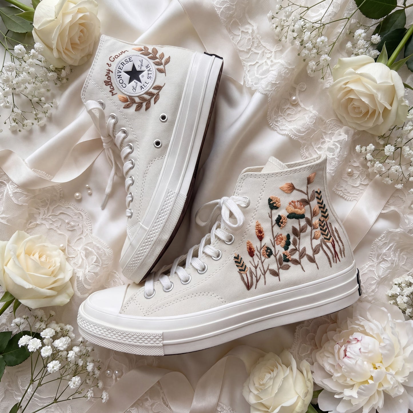 Hand Embroidered Wildflower Bridal Converse Shoes | Custom Botanical Wedding Sneakers | Personalized White Converse Gift for Bride