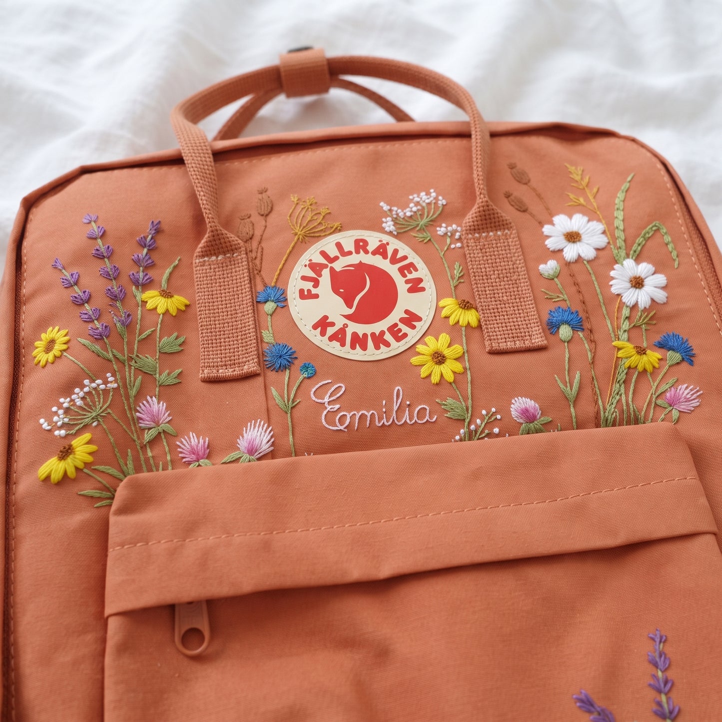 Custom Embroidered Fjallraven Kanken Backpack Wildflower | Fjallraven Kanken Travel Backpack| Handmade Cottagecore School Bag|Wildflower Bag