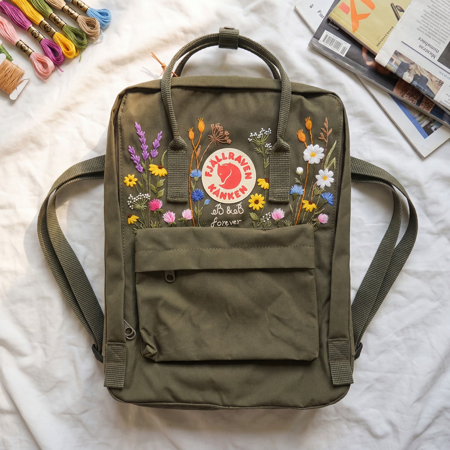 Personalized Fjallraven Kanken Wildflower Backpack | Custom Embroidered Kanken Bag | Wildflower Embroidery Backpack | Back to School Gift