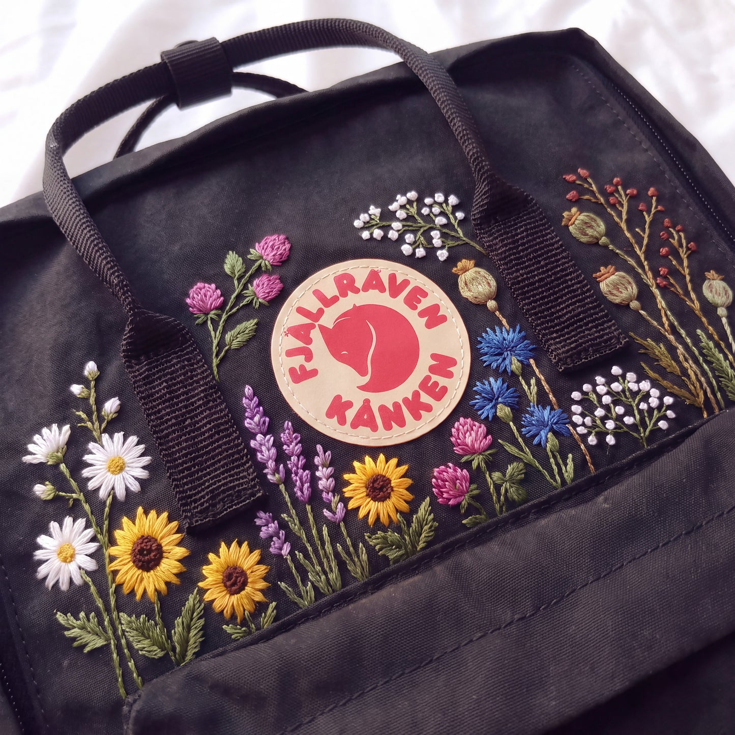Hand Embroidered Fjallraven Kanken Backpack | Wildflower Floral Backpack | Sunflower Daisy Kanken Bag | Custom Personalized Backpack