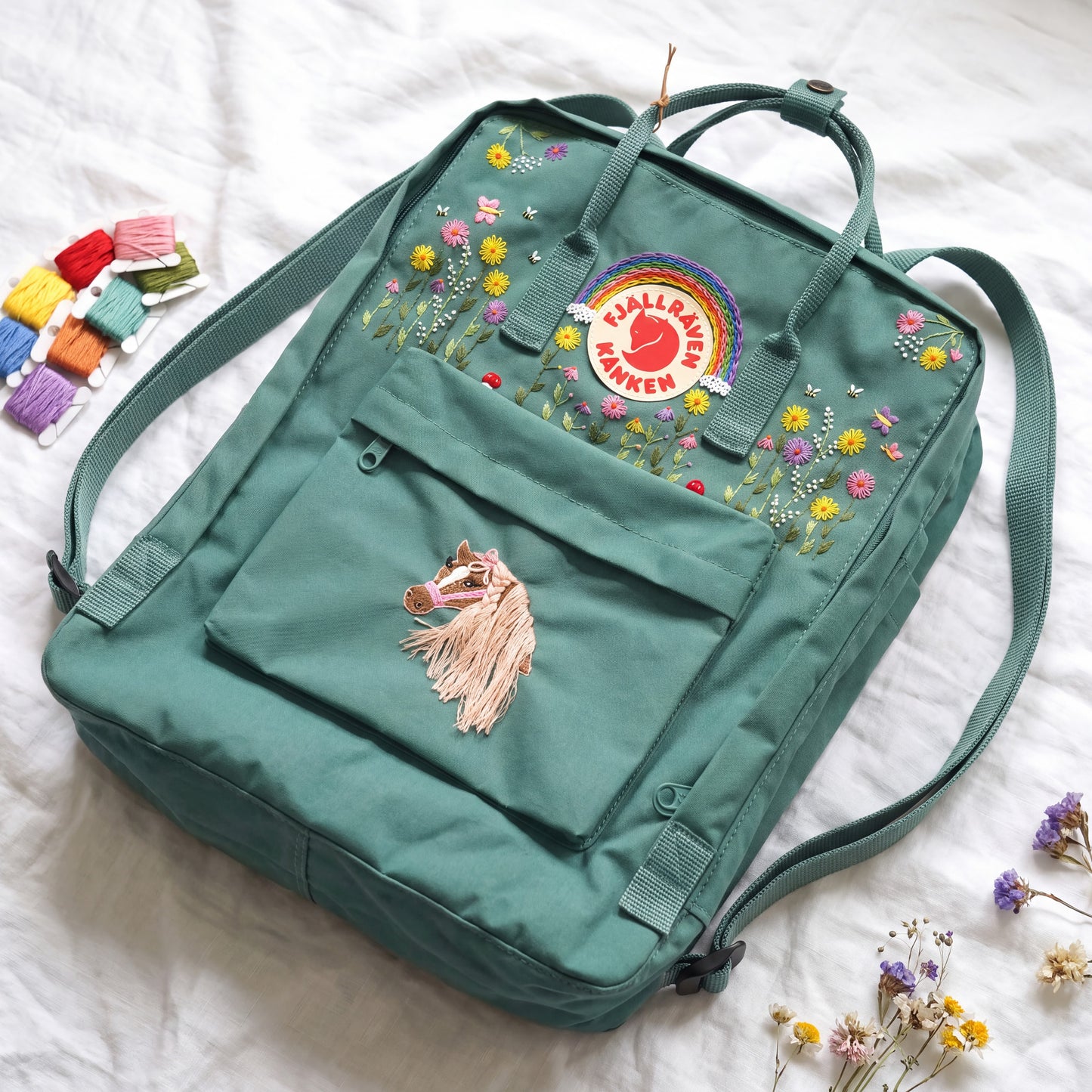 Fjallraven Kanken Embroidered Backpack | Colorful Flower & Rainbow Backpack | Horse Embroidery Kanken | Custom Animal Embroidery Backpack