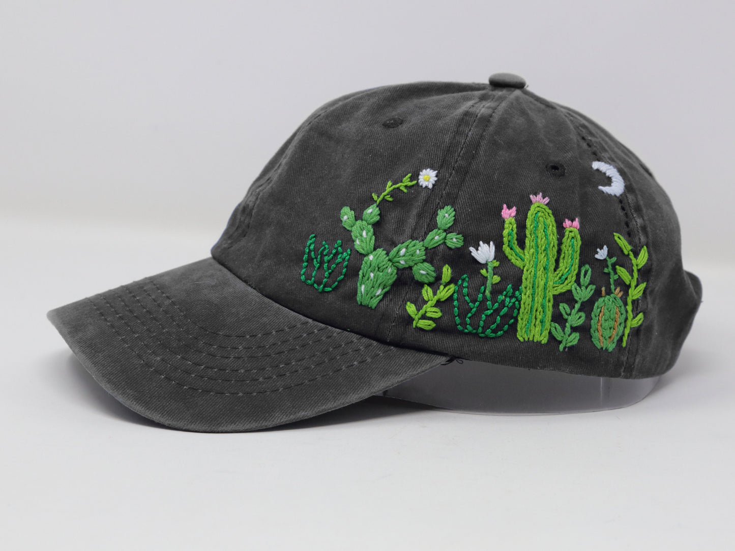 Cactus Embroidered Wash Cotton Baseball Cap, Hand Embroidered Sun Hat, Curve Brim Summer Cap, Unique