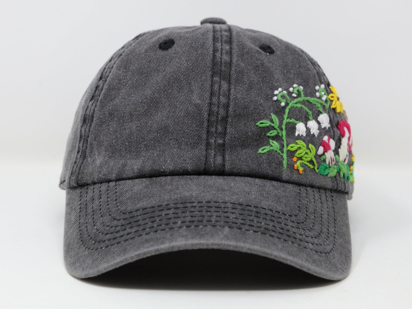 Wash Cotton Baseball Cap, Hand Embroidered Mushroom Flower Hat, Curved Brim Baseball Hat, Grey Colorful Summer Cap