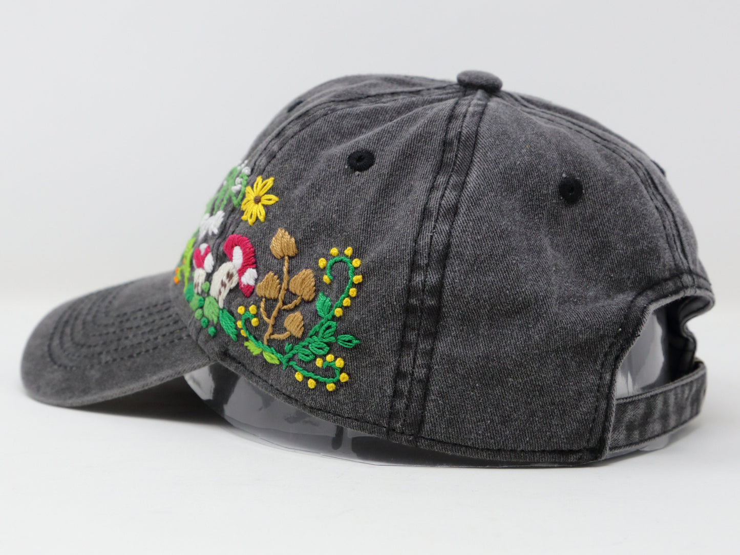 Wash Cotton Baseball Cap, Hand Embroidered Mushroom Flower Hat, Curved Brim Baseball Hat, Grey Colorful Summer Cap