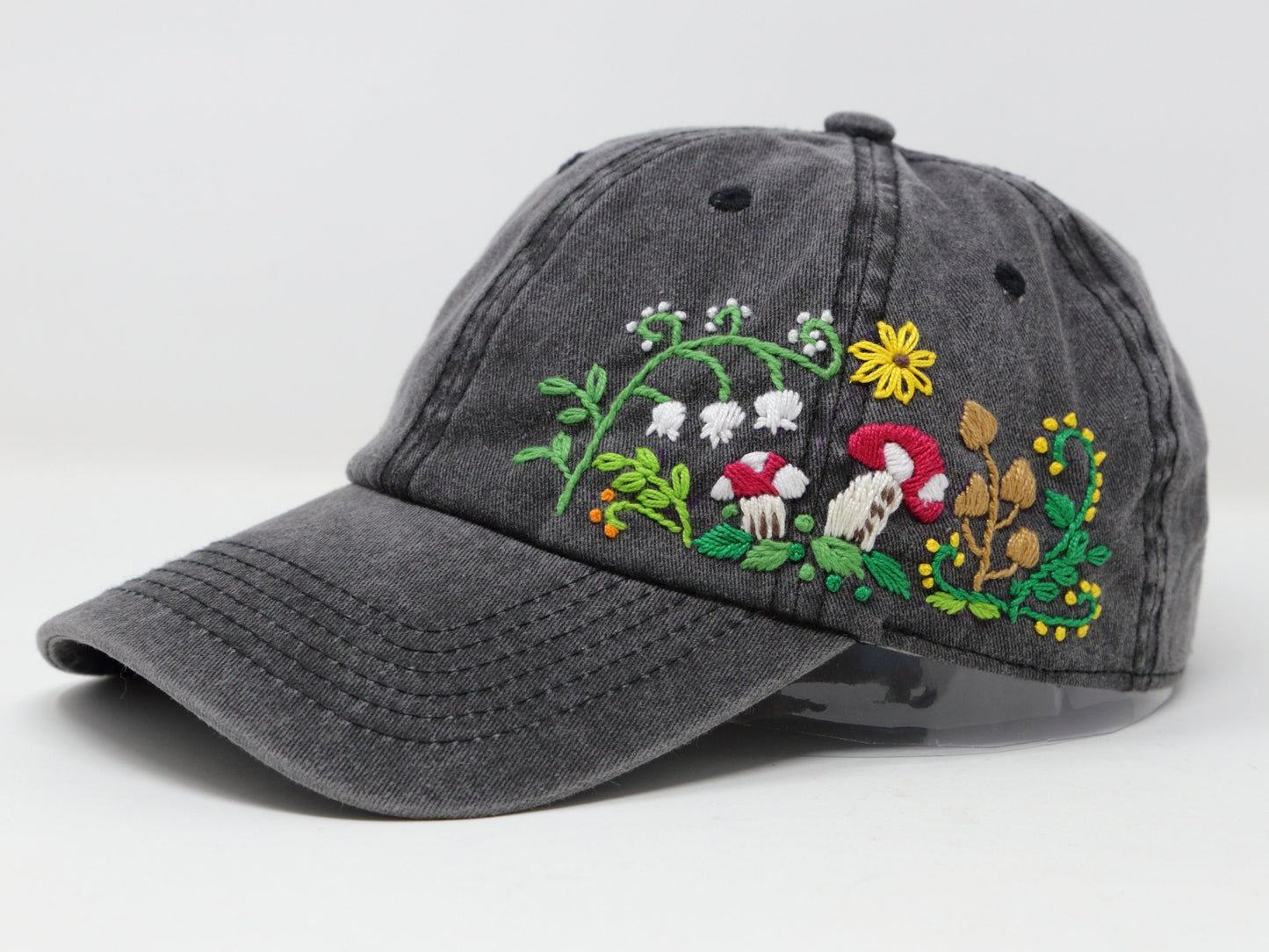 Wash Cotton Baseball Cap, Hand Embroidered Mushroom Flower Hat, Curved Brim Baseball Hat, Grey Colorful Summer Cap