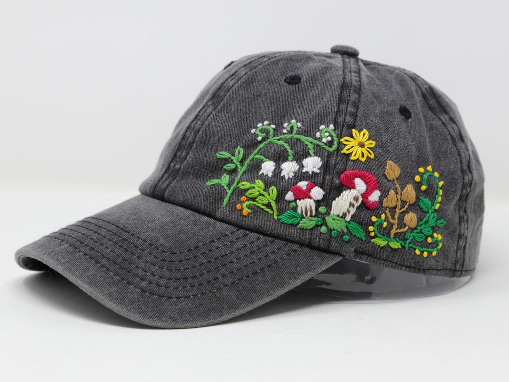  Wash Cotton Baseball Cap, Hand Embroidered Mushroom Flower Hat, Curved Brim Baseball Hat, Grey Colorful Summer Cap 