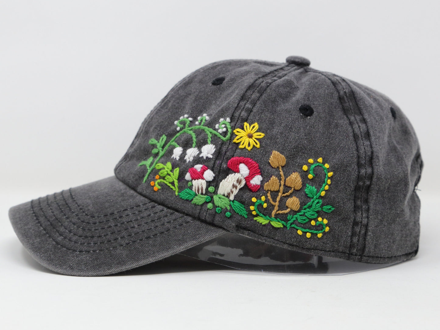 Wash Cotton Baseball Cap, Hand Embroidered Mushroom Flower Hat, Curved Brim Baseball Hat, Grey Colorful Summer Cap