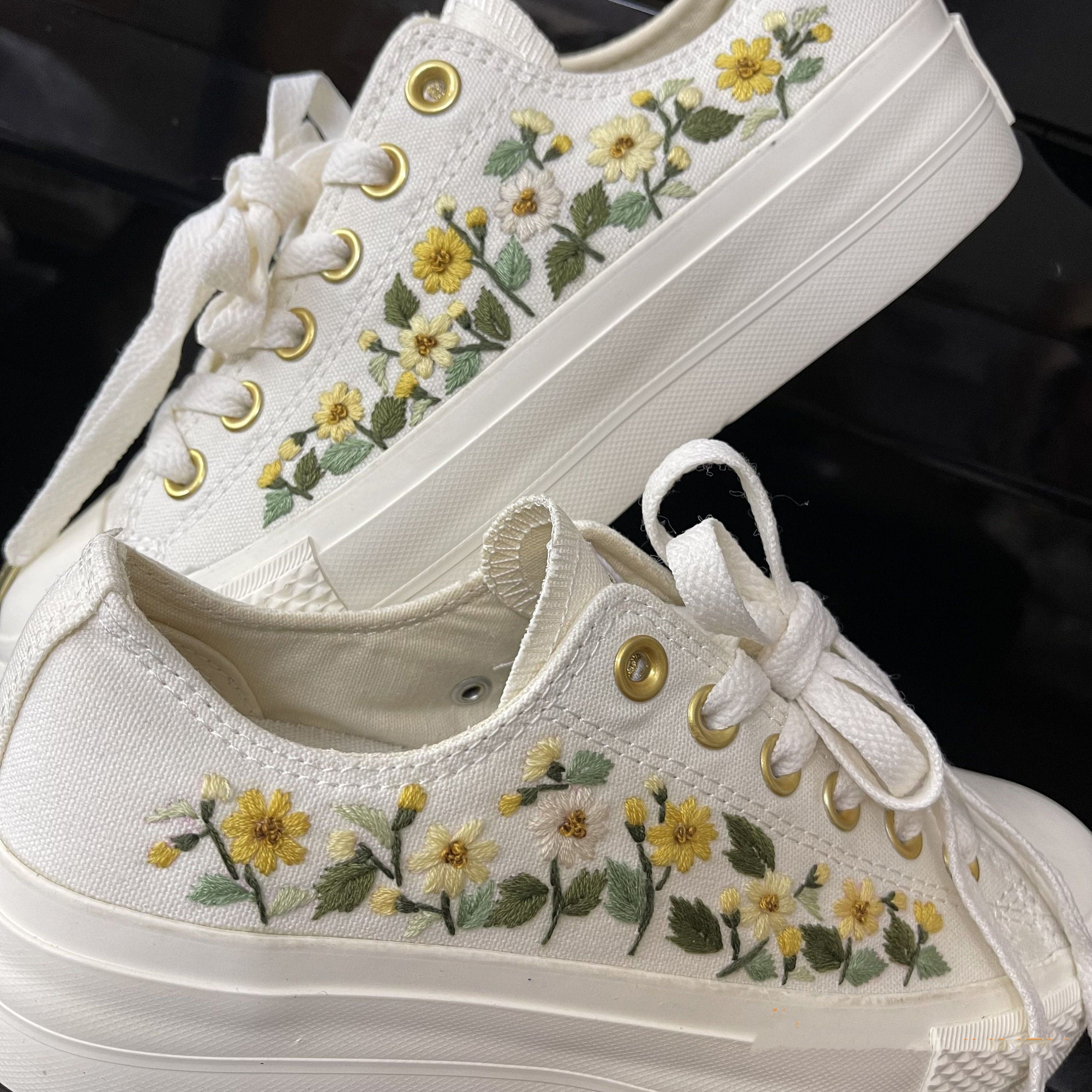 Custom Coverse Platform Wedding Flowers Embroidered Converse Bridal Flowers Embroidered Sneakers Sunflowers Embroidered Sneakers