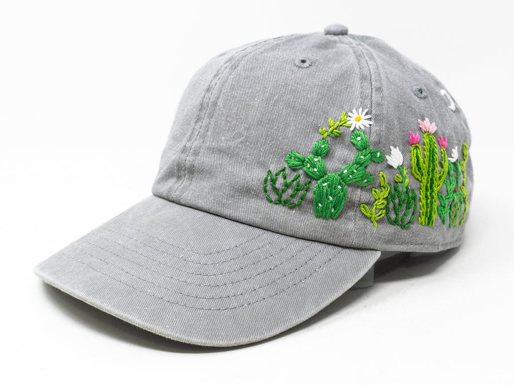  Cactus Embroidered Wash Cotton Baseball Cap, Hand Embroidered Sun Hat, Curve Brim Summer Cap, Unique 