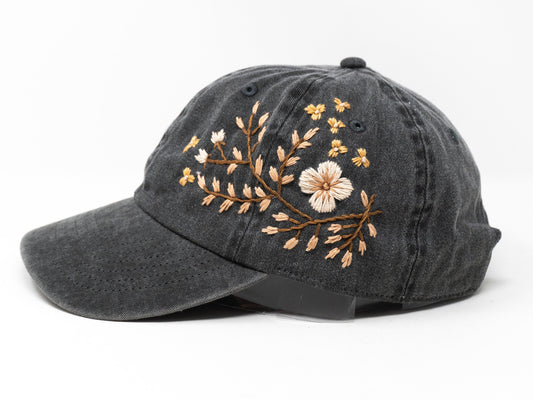 Golden Blooms on Beige: Hand Embroidered Washed Baseball Cap with Khaki Flower Design Curved Brim Summer Hat