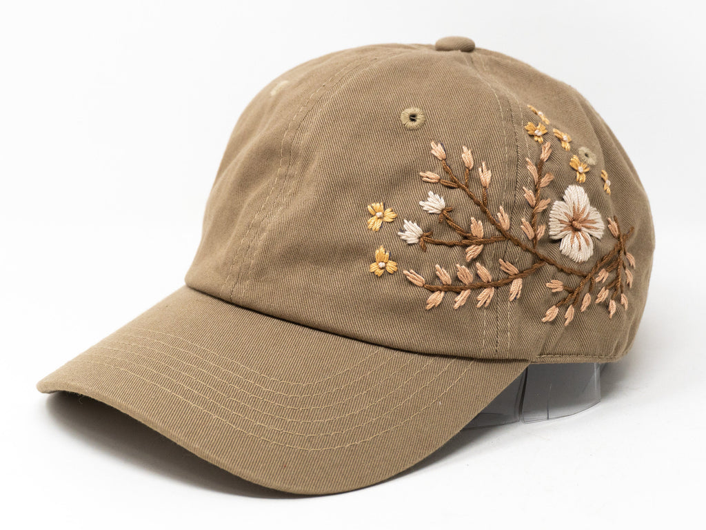  Golden Blooms on Beige: Hand Embroidered Washed Baseball Cap with Khaki Flower Design Curved Brim Summer Hat 