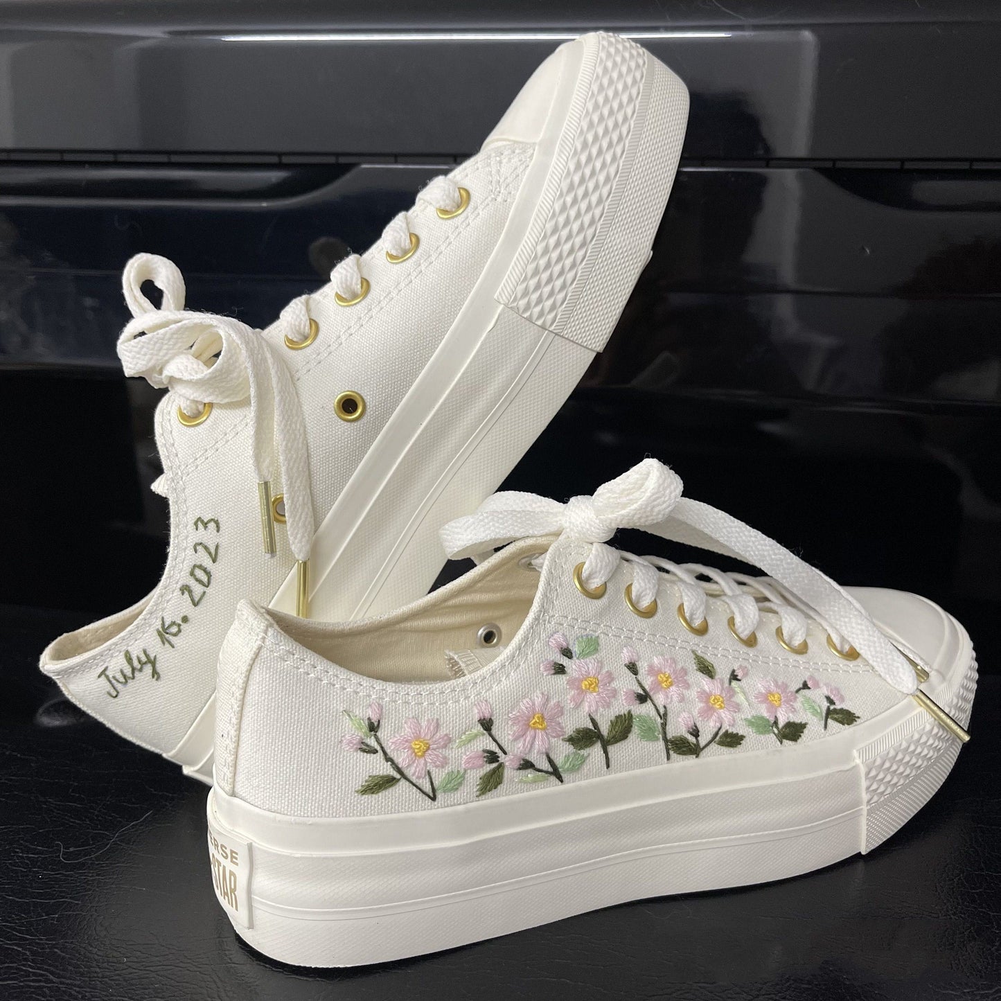 Custom Coverse Platform/ Wedding Flowers Embroidered Converse/ Bridal Flowers Embroidered Sneakers/ Lily of the Valley Embroidered Sneakers