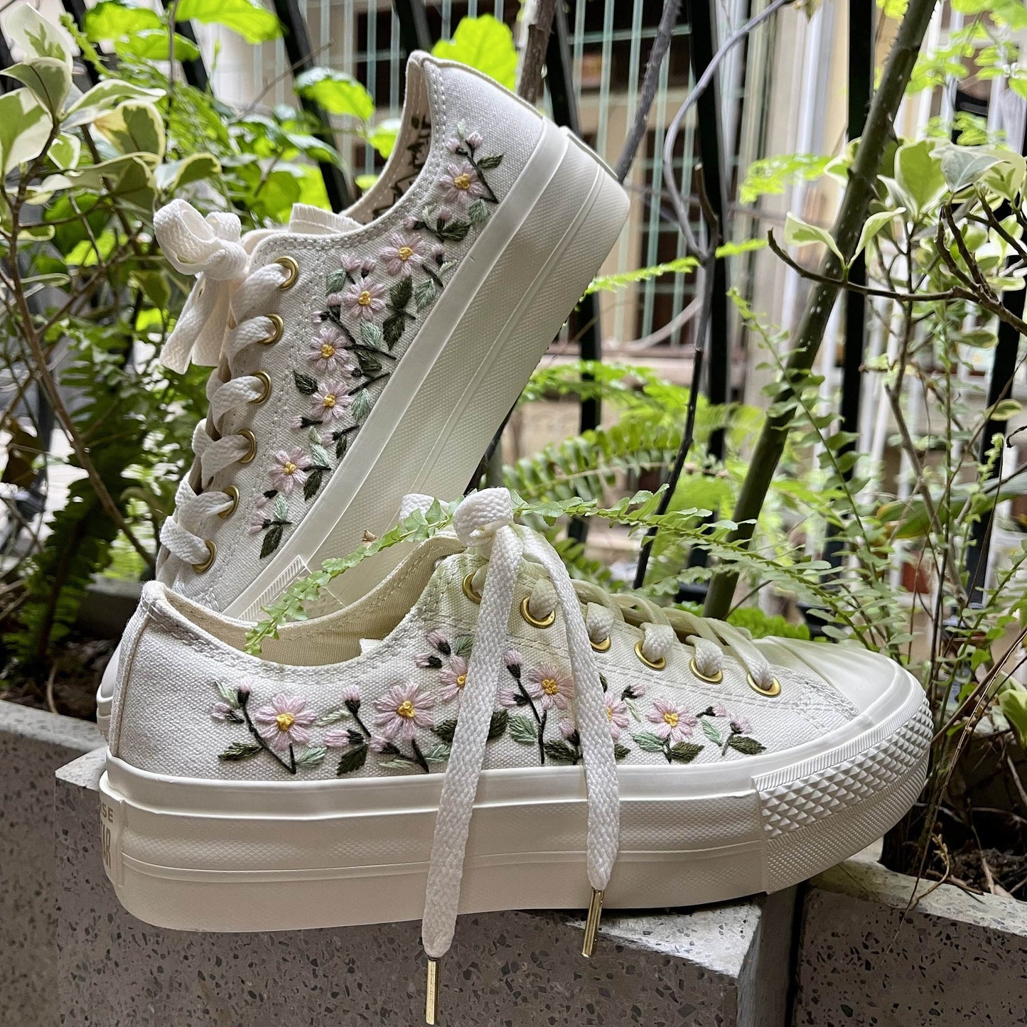 Custom Coverse Platform/ Wedding Flowers Embroidered Converse/ Bridal Flowers Embroidered Sneakers/ Lily of the Valley Embroidered Sneakers