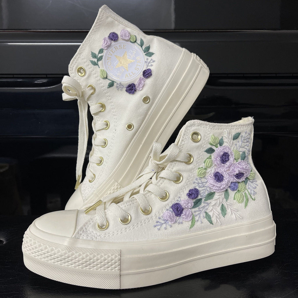  Custom Sneakers Platform/ Wedding Flowers Embroidered Shoes/ Bridal Flowers Embroidered Sneakers 