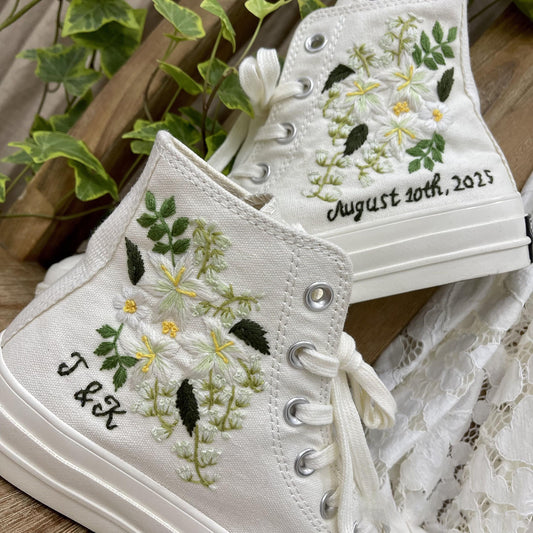 Custom Shoes Taylor 1970s/ Wedding Flowers Embroidered Sneakers/ Bridal Flowers Embroidered Sneakers Lilies Flowers Embroidered Sneakers