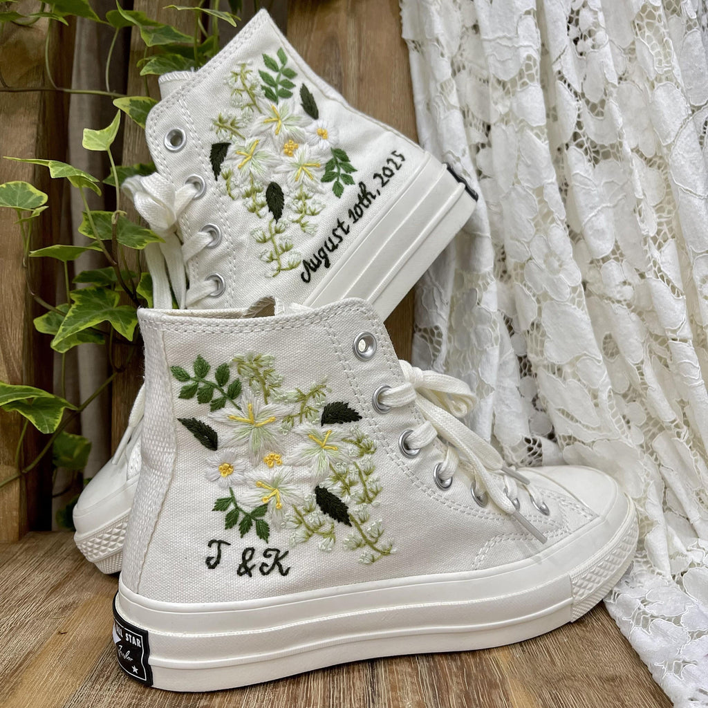  Custom Shoes Taylor 1970s/ Wedding Flowers Embroidered Sneakers/ Bridal Flowers Embroidered Sneakers Lilies Flowers Embroidered Sneakers 