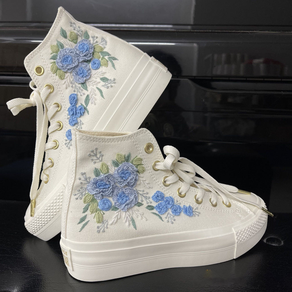  Custom Wedding Sneakers Platform/ Bridal Flowers Embroidered Sneakers/ Wedding English Roses Embroidered Shoes/ Personalized Bridal Sneaker 