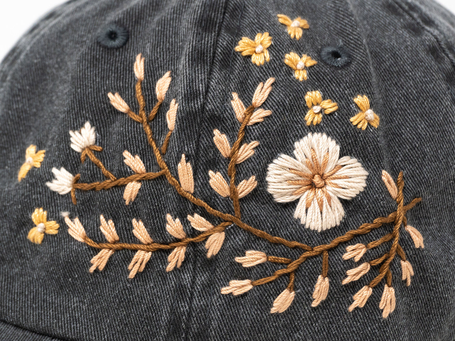 Golden Blooms on Beige: Hand Embroidered Washed Baseball Cap with Khaki Flower Design Curved Brim Summer Hat