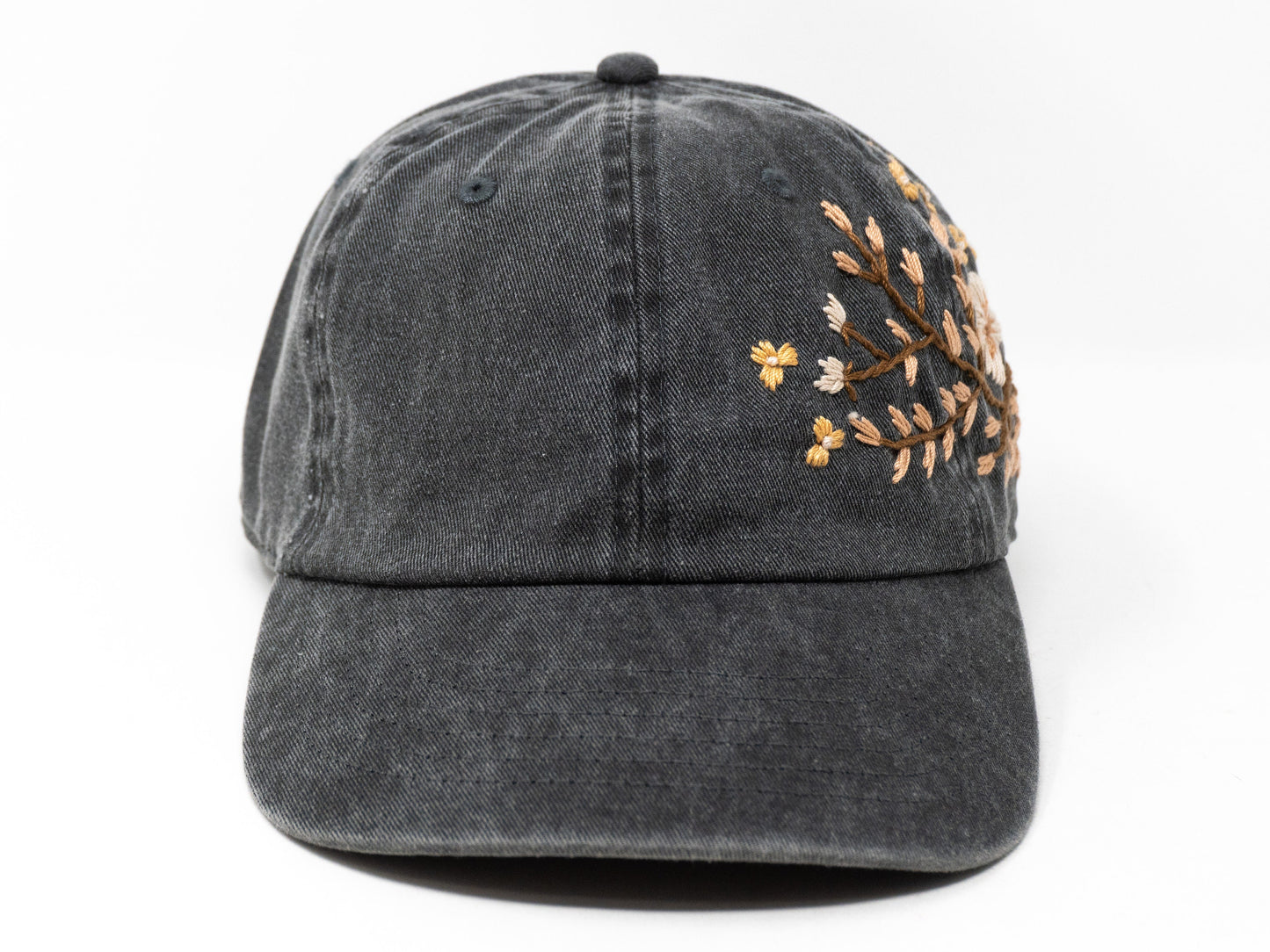 Golden Blooms on Beige: Hand Embroidered Washed Baseball Cap with Khaki Flower Design Curved Brim Summer Hat