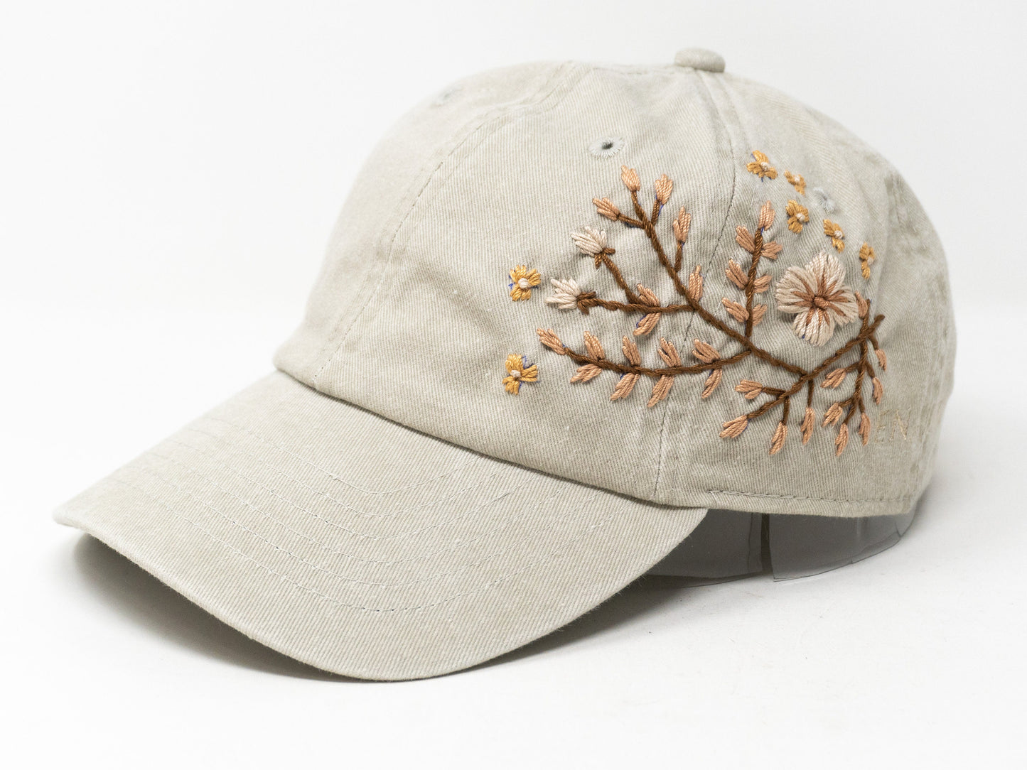 Golden Blooms on Beige: Hand Embroidered Washed Baseball Cap with Khaki Flower Design Curved Brim Summer Hat