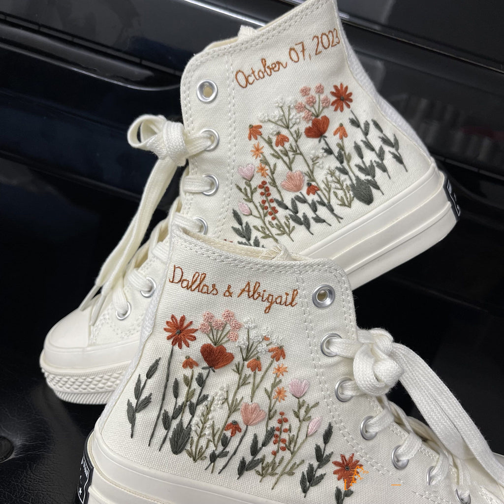  Wedding Flowers Embroidered Sneakers/ Bridal Flowers Embroidered Shoes/ Wildflowers Embroidered Sneakers/ Personalized Bridal Sneakers 