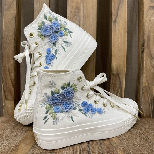 Custom Wedding Sneakers Platform/ Bridal Flowers Embroidered Sneakers/ Wedding English Roses Embroidered Shoes/ Personalized Bridal Sneaker