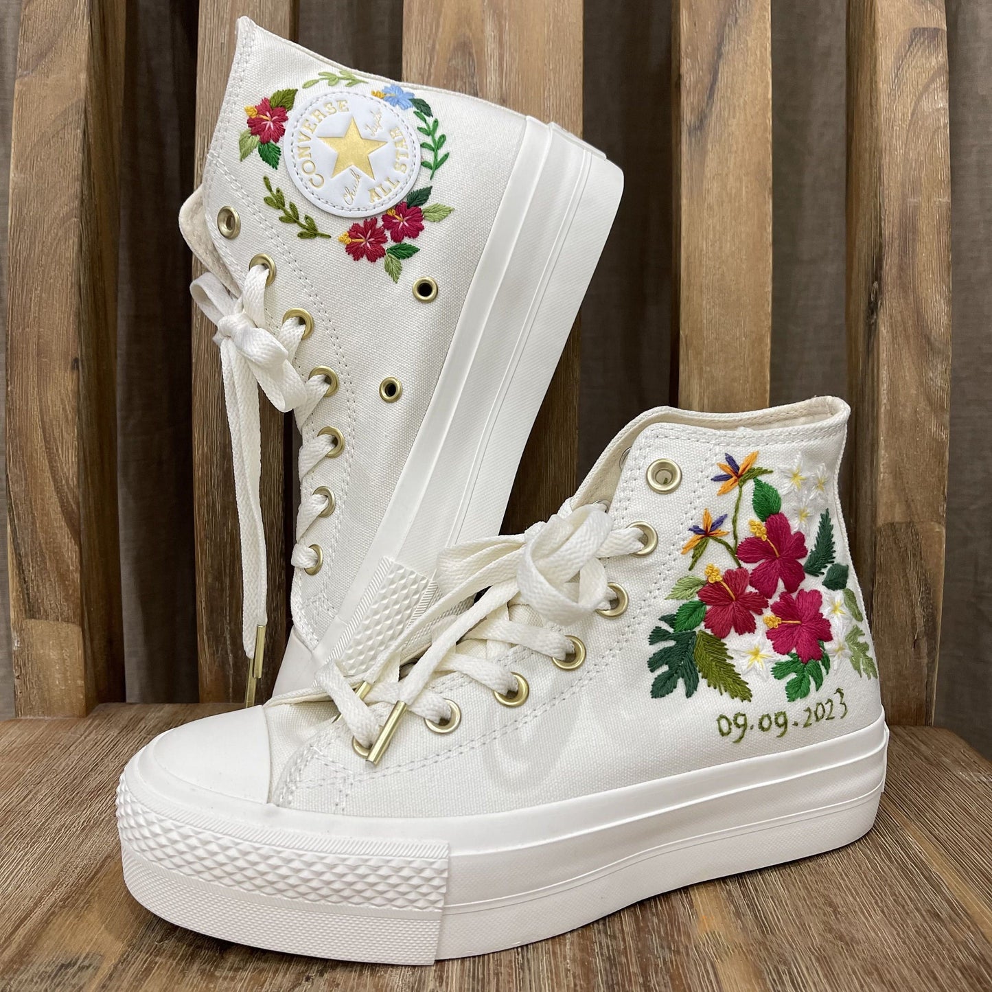 Custom Wedding Sneakers Platform/ Wedding Flowers Embroidered Shoes/ Tropical Flowers Embroidered Sneakers/ Hawaii Flowers Embroidered