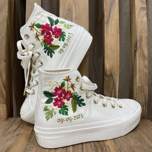 Custom Wedding Sneakers Platform/ Wedding Flowers Embroidered Shoes/ Tropical Flowers Embroidered Sneakers/ Hawaii Flowers Embroidered