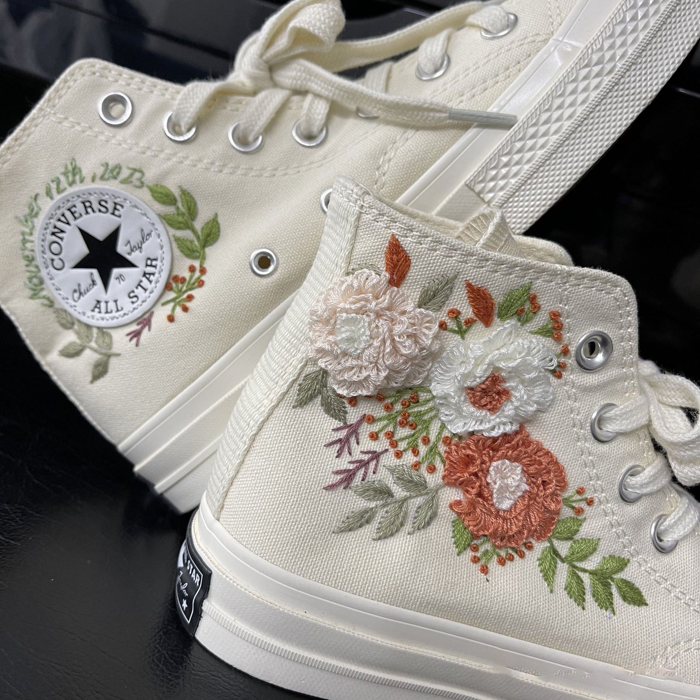 3 D Custom Embroidered Wedding Sneakers / Wedding Flowers Embroidered Taylor 1970s/ Bridal Flowers Embroidered Sneakers Wedding Bouquet