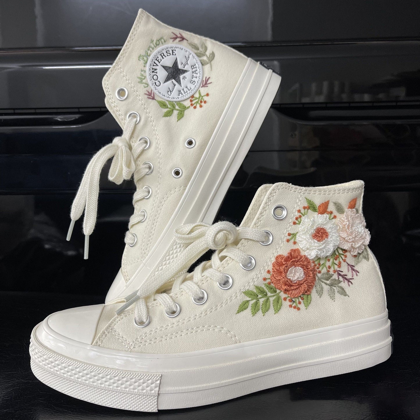 3 D Custom Embroidered Wedding Sneakers / Wedding Flowers Embroidered Taylor 1970s/ Bridal Flowers Embroidered Sneakers Wedding Bouquet