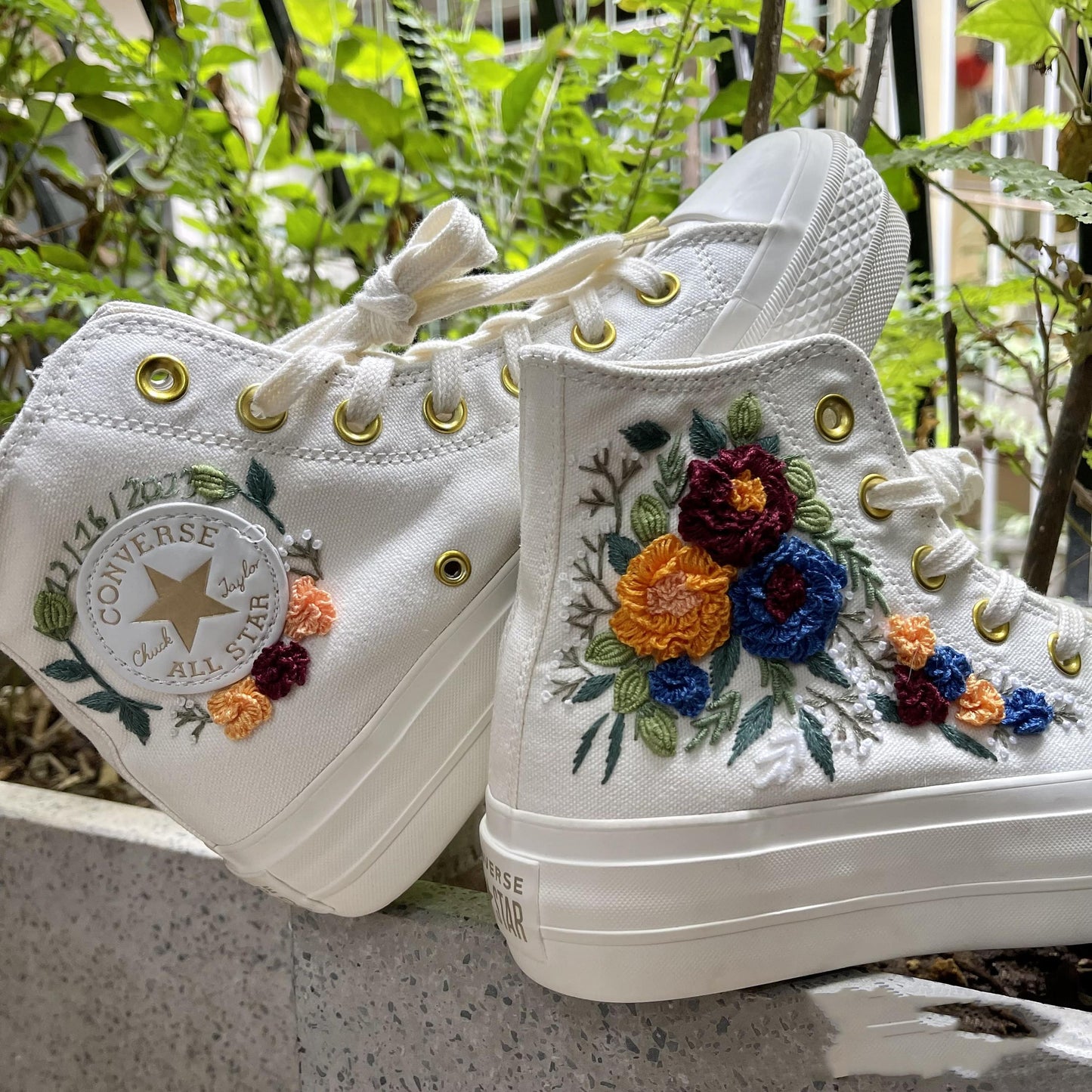 Custom Sneakers Platform/ Wedding Flowers Embroidered Shoes