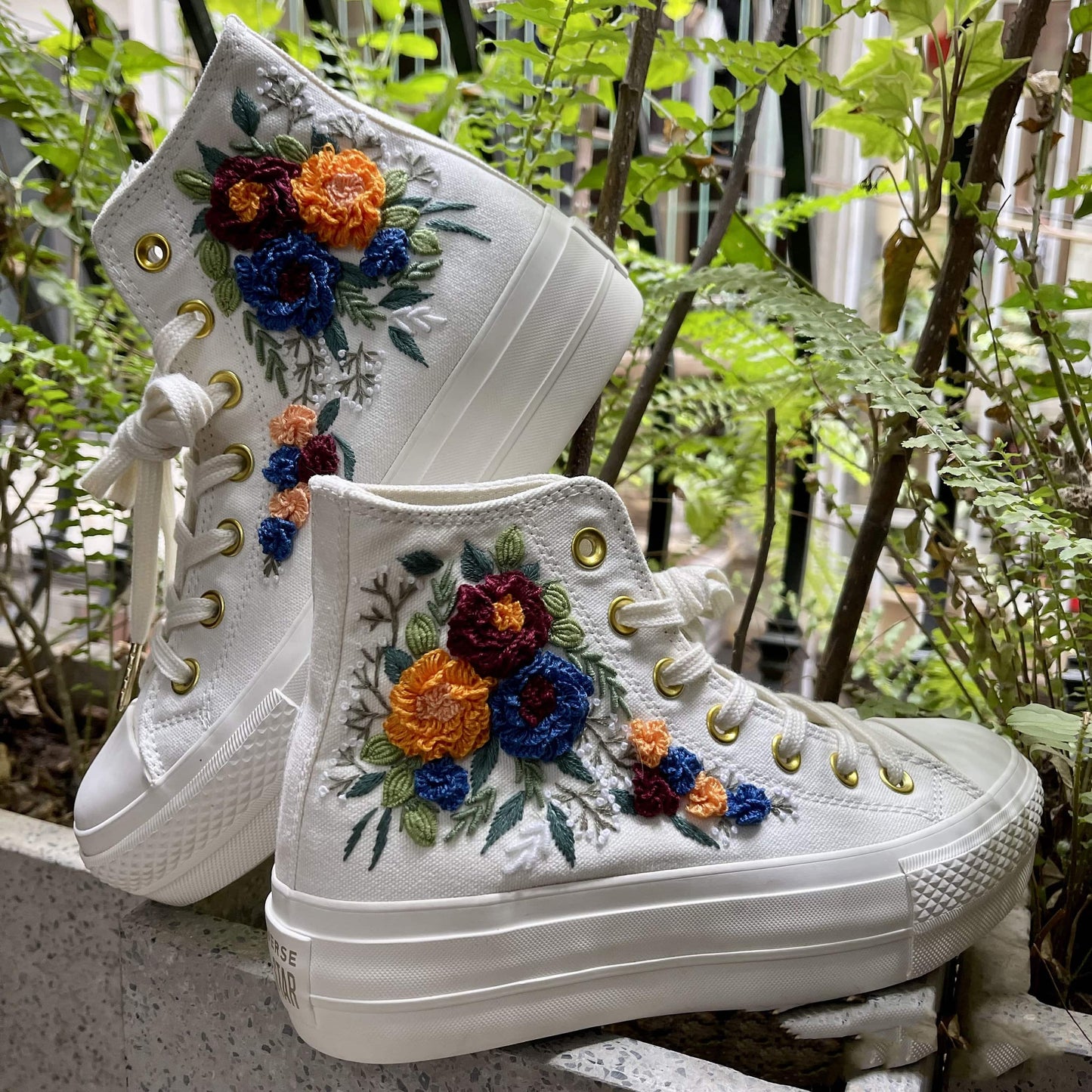 Custom Sneakers Platform/ Wedding Flowers Embroidered Shoes