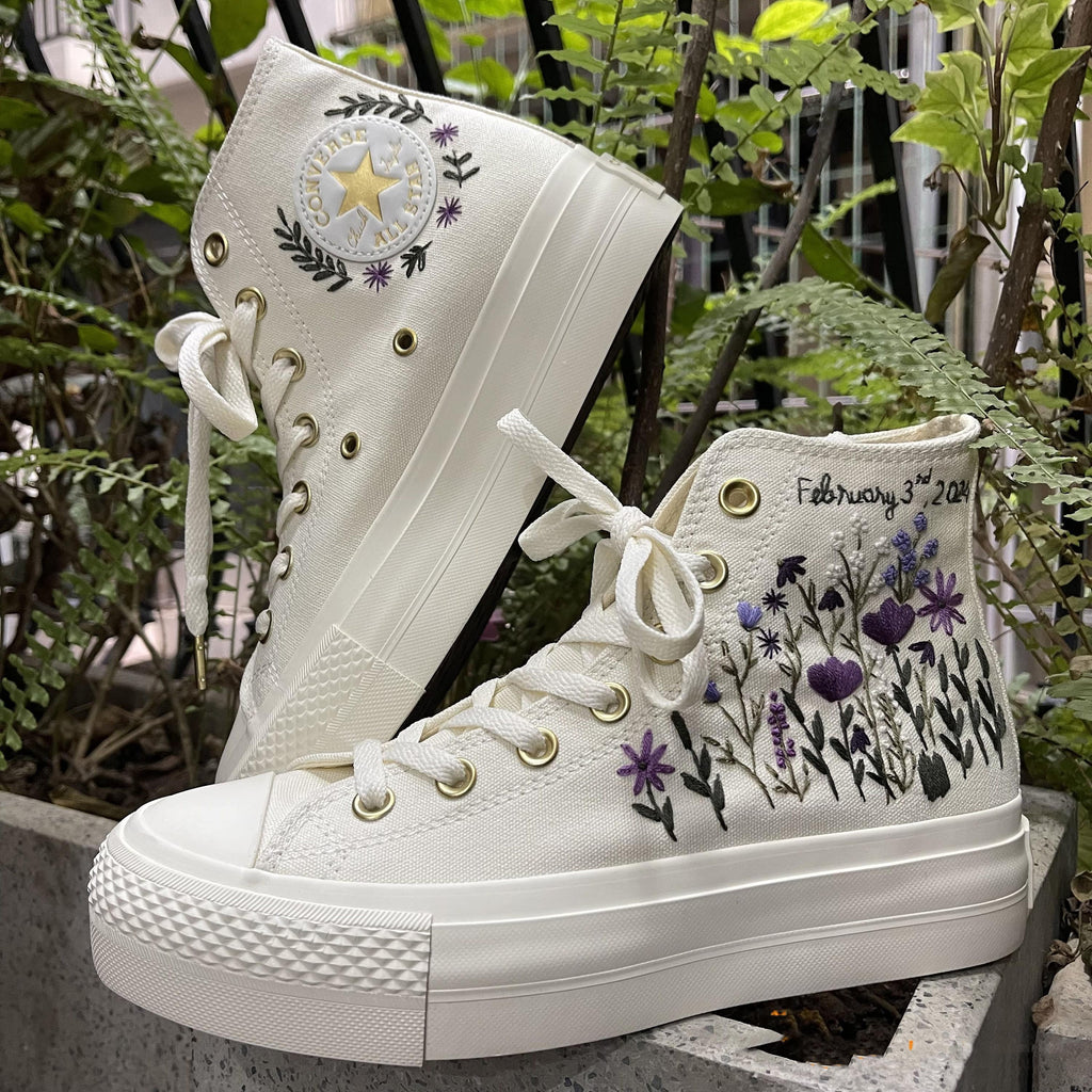  Custom Converse Platform/ Wedding Flowers Embroidered Platform Shoes/ Bridal Flowers Embroidered Sneakers 