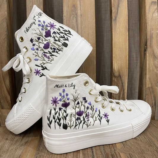 Custom Converse Platform/ Wedding Flowers Embroidered Platform Shoes/ Bridal Flowers Embroidered Sneakers