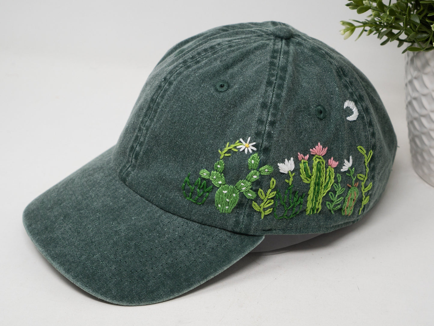 Cactus Embroidered Wash Cotton Baseball Cap, Hand Embroidered Sun Hat, Curve Brim Summer Cap, Unique