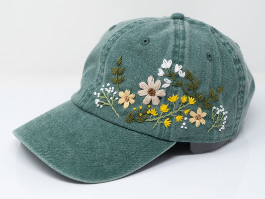 Hand Embroidered Floral Baseball Cap | 100% Cotton Hat | Botanical Garden Design