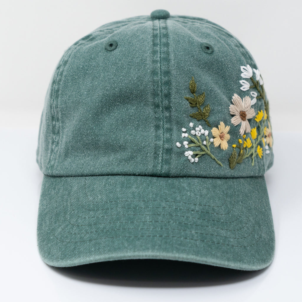  Hand Embroidered Floral Baseball Cap | 100% Cotton Hat | Botanical Garden Design 