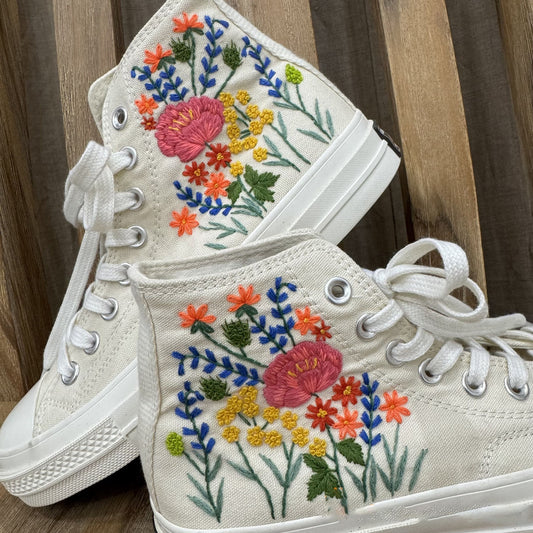 Custom Coverse Wedding/ Wedding Flowers Embroidered Shoes/ Bridal Flowers Embroidered Sneakers /Colorful Flowers Embroidered Sneakers