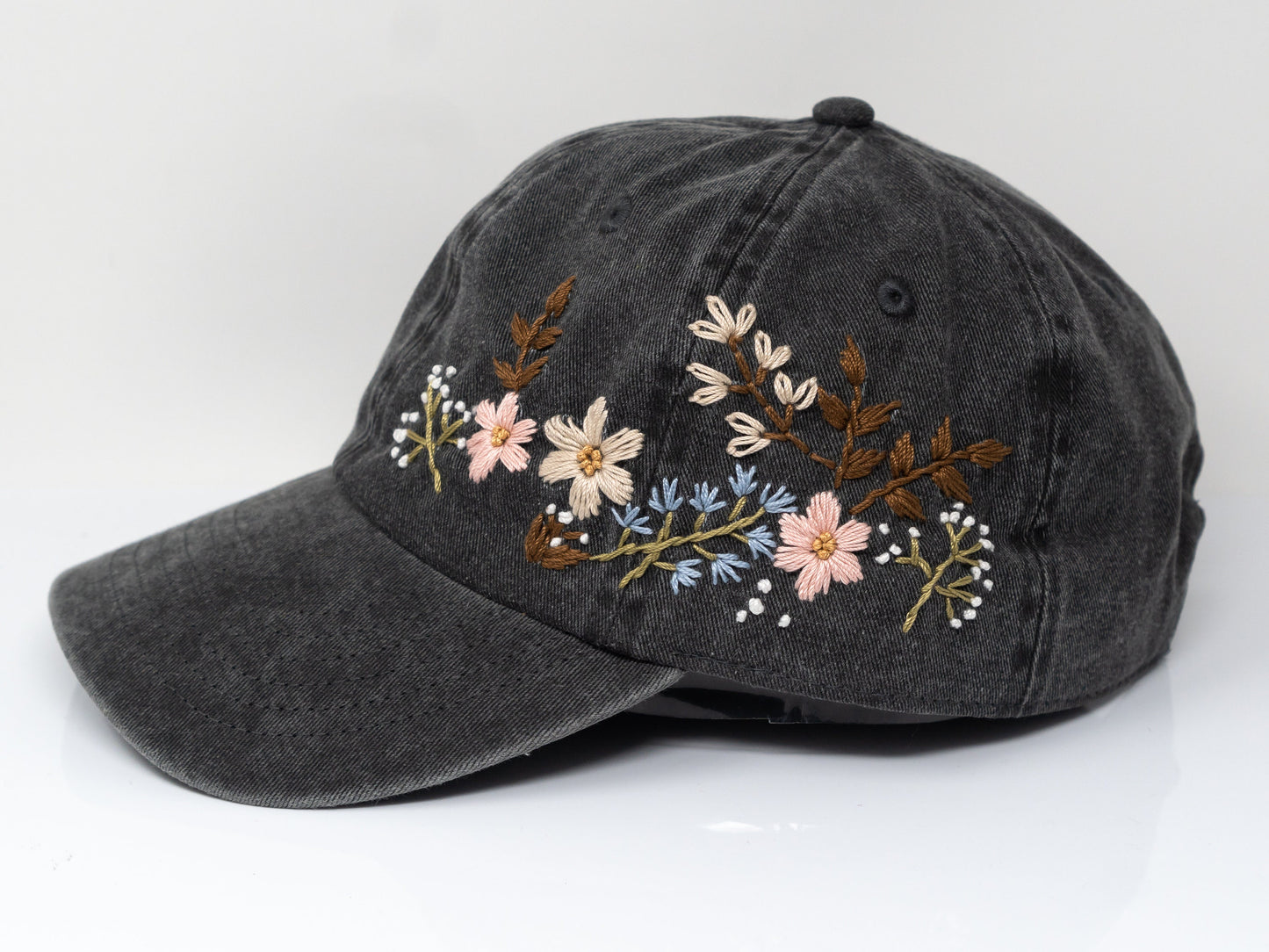 Hand Embroidered Floral Baseball Cap | 100% Cotton Hat | Botanical Garden Design