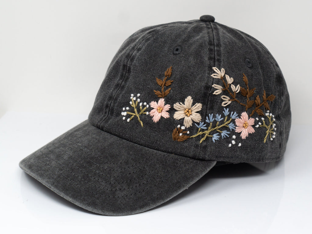  Hand Embroidered Floral Baseball Cap | 100% Cotton Hat | Botanical Garden Design 