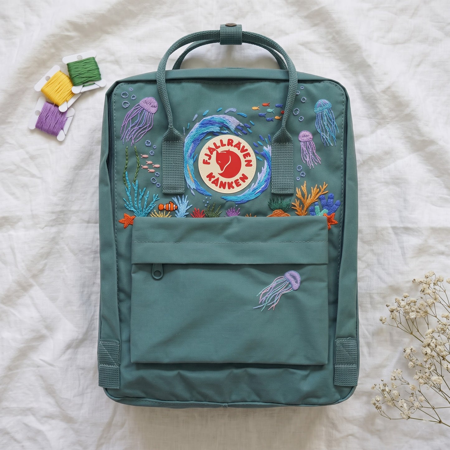 Embroidered Fjallraven Kanken Backpack Jellyfish Coral | Ocean Aesthetic Backpack | Marine Life Underwater Bag